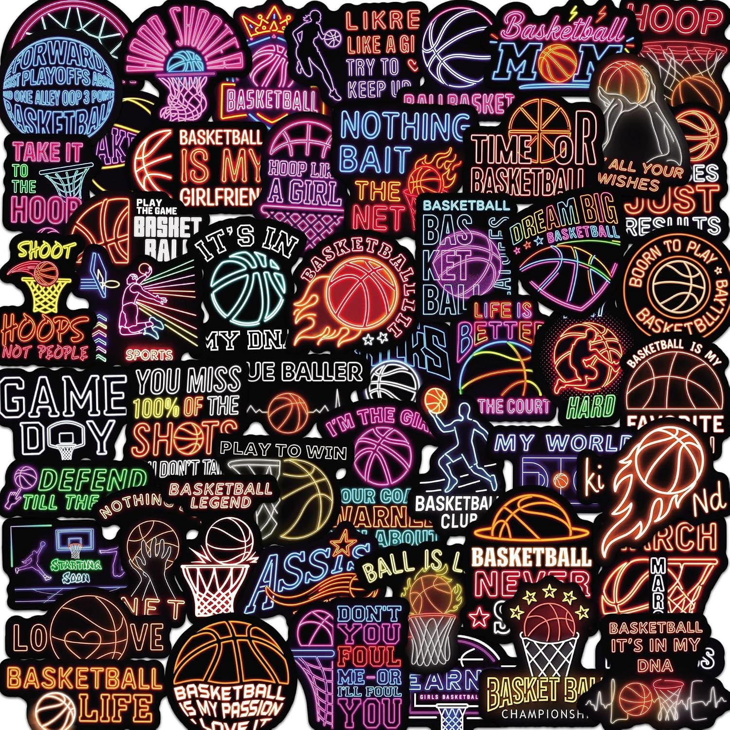 Neon Basketball Stickers for Basketball Fans Boys Water Bottles 50 PCS Waterproof Vinyl Sports Stickers Team Gifts