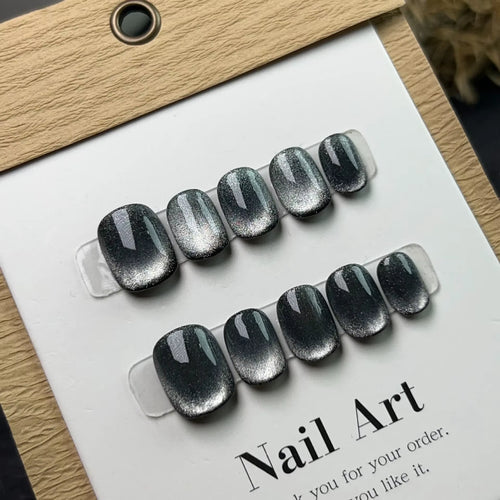 10Pcs Black Handmade Press on Nails Short round Head Cat Eye Design Full Cover Fake Nails Artificial Wearable Manicure Nail Tips