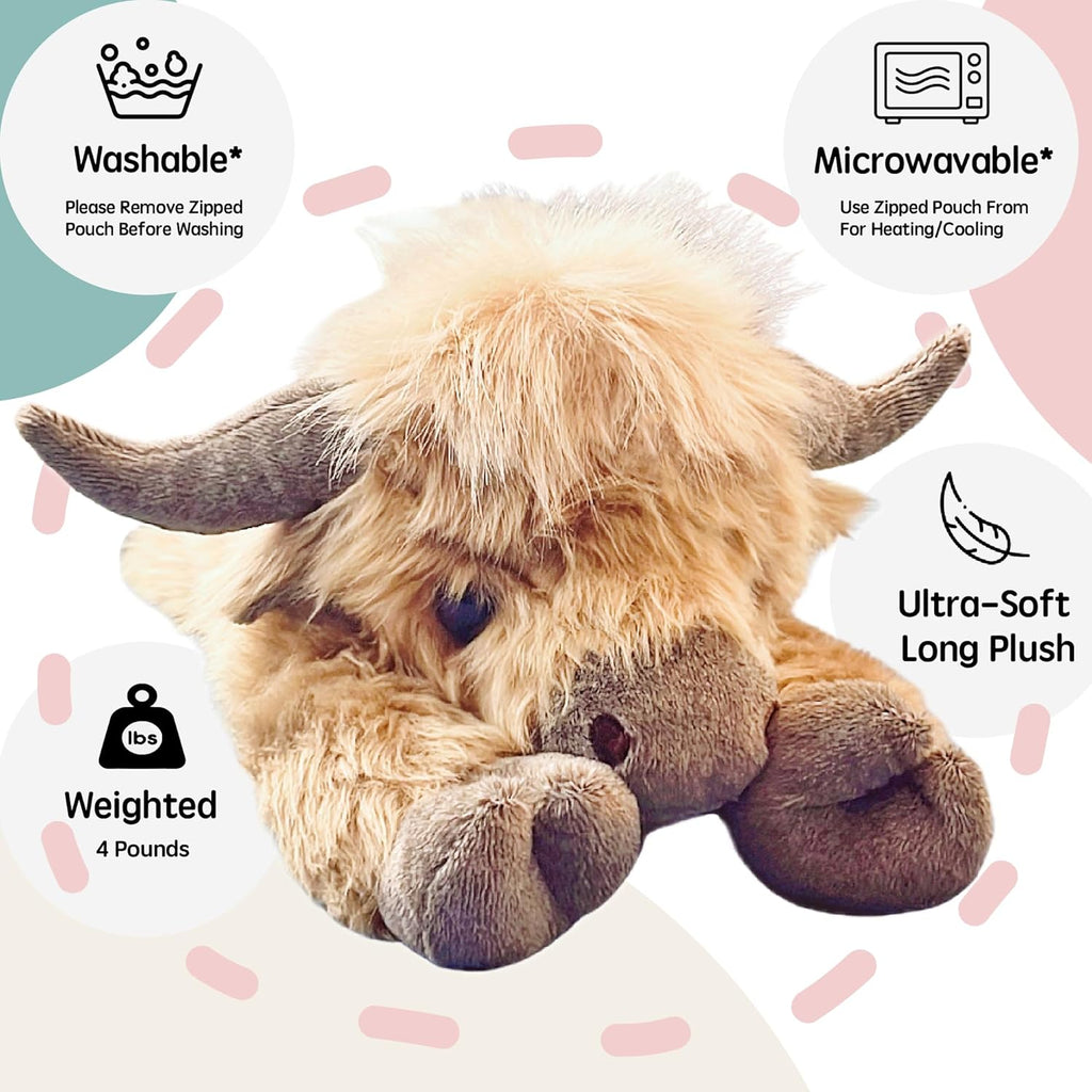 20" | 4 Pounds Highland Cow Weighted Stuffed Animals with Unscented Microwavable Heating Pad, Cute Coolable Heatable Weighted Plush Warm Gift for Kids & Adults