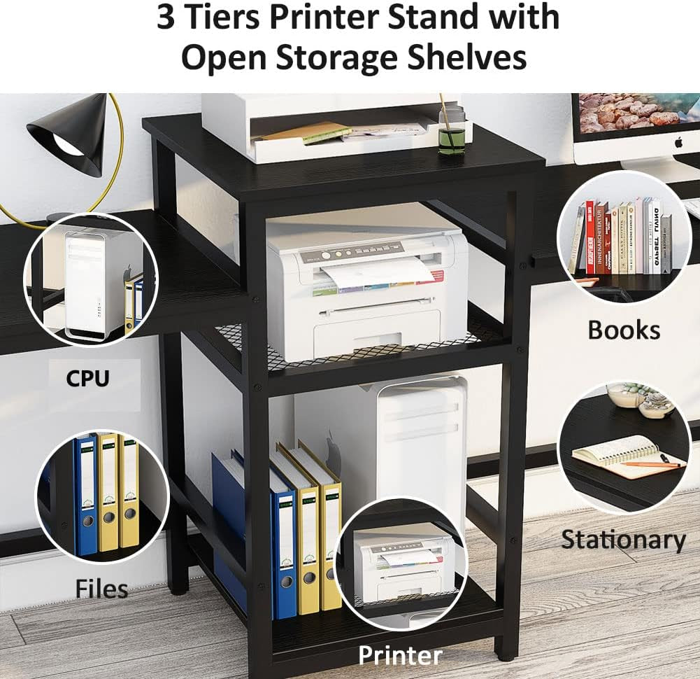 Tribesigns 96.9" Double Computer Desk with Printer Shelf, Extra Long Two Person Desk Workstation with Storage Shelves, Large Office Desk Study Writing Table for Home Office (Black)