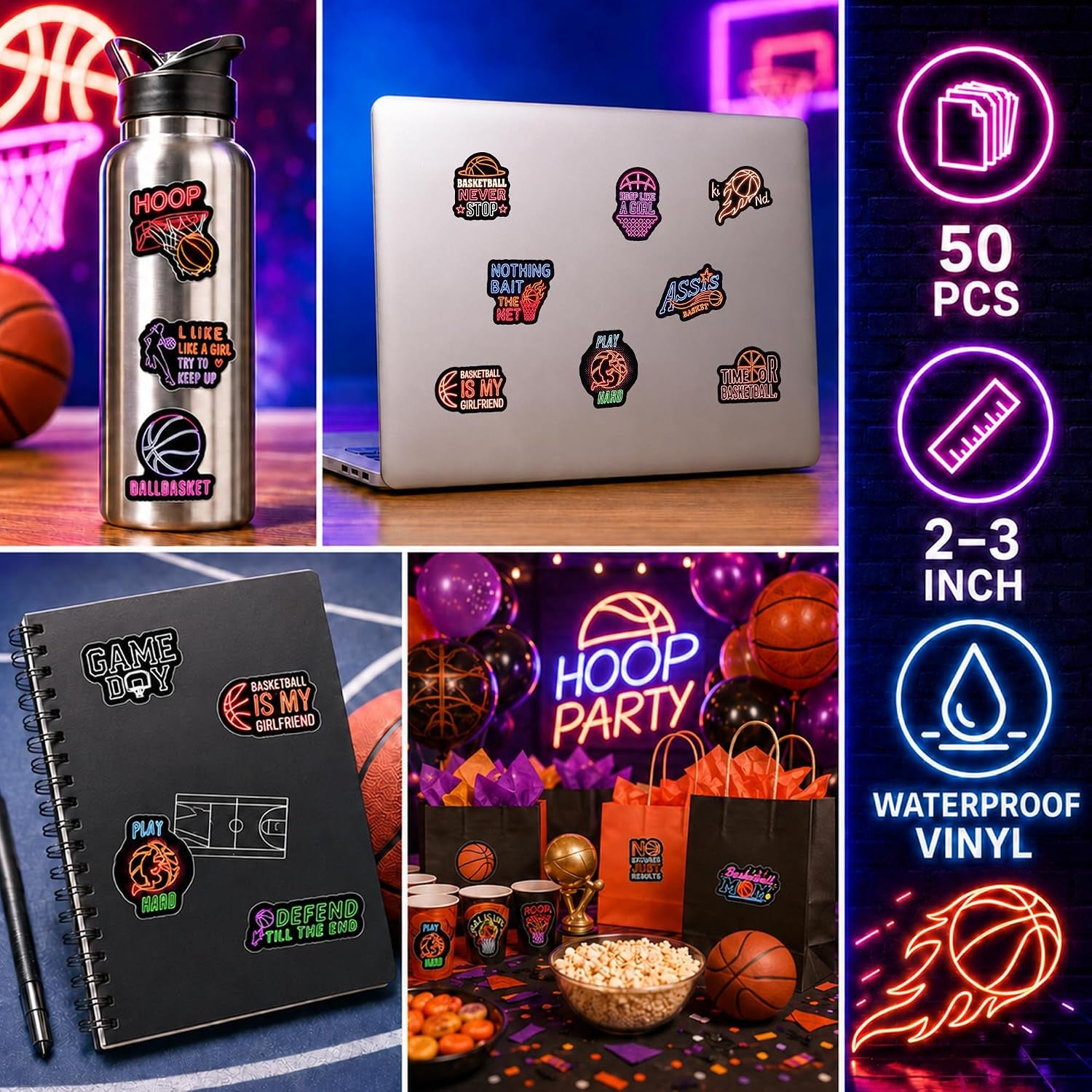 Neon Basketball Stickers for Basketball Fans Boys Water Bottles 50 PCS Waterproof Vinyl Sports Stickers Team Gifts