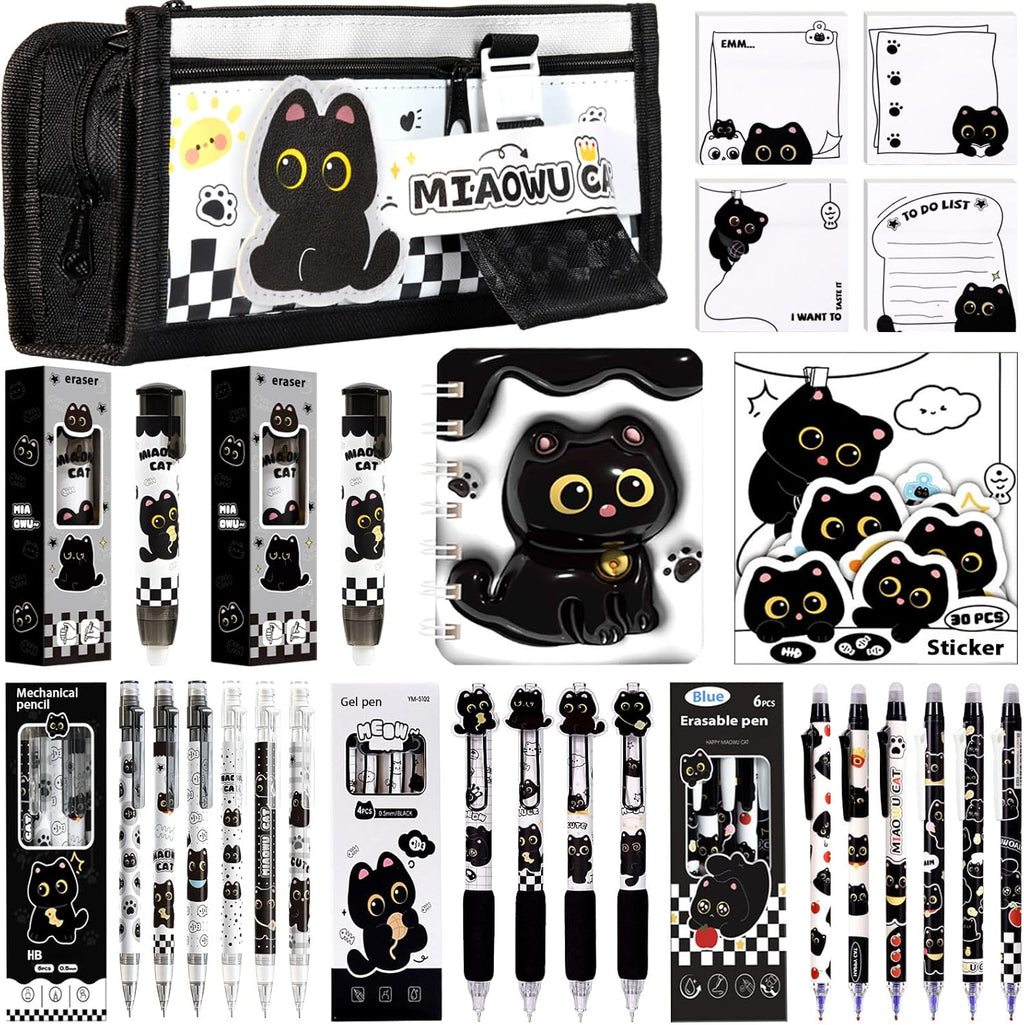 Black Cute Cat Stationery Set Cat School Supplies Including Sticky Notes,Mechanical Pencils,Eraser,Notebook,Stickers Etc Kawaii Birthday Gifts Classroom Rewards (Black Cute Cat)