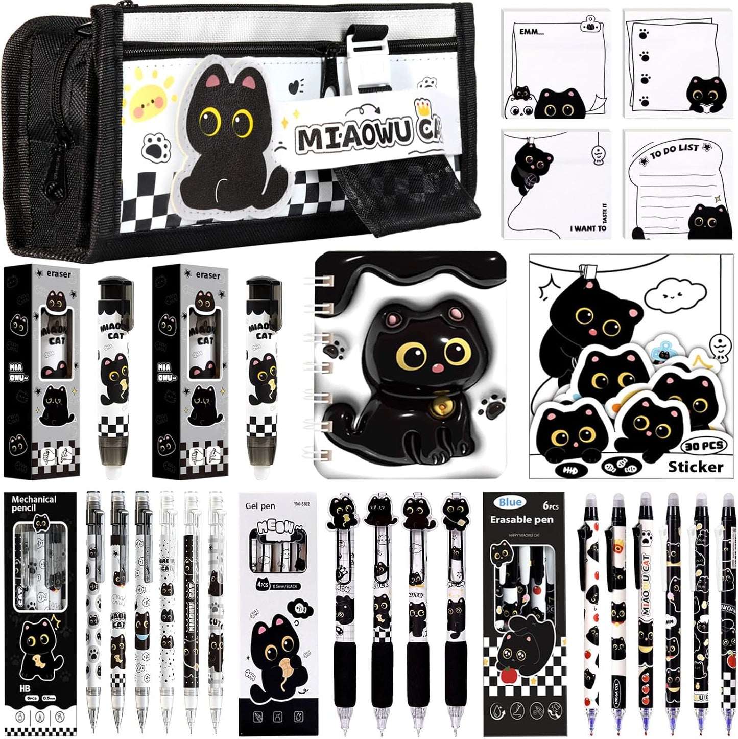 Black Cute Cat Stationery Set Cat School Supplies Including Sticky Notes,Mechanical Pencils,Eraser,Notebook,Stickers Etc Kawaii Birthday Gifts Classroom Rewards (Black Cute Cat)