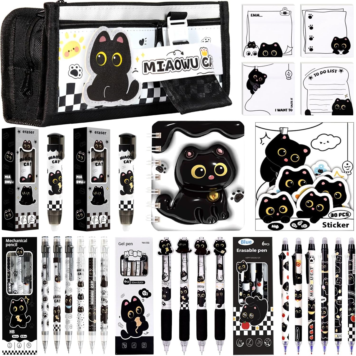 Black Cute Cat Stationery Set Cat School Supplies Including Sticky Notes,Mechanical Pencils,Eraser,Notebook,Stickers Etc Kawaii Birthday Gifts Classroom Rewards (Black Cute Cat)