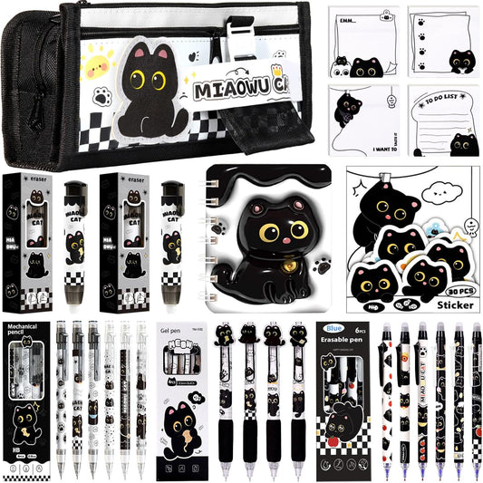 Black Cute Cat Stationery Set Cat School Supplies Including Sticky Notes,Mechanical Pencils,Eraser,Notebook,Stickers Etc Kawaii Birthday Gifts Classroom Rewards (Black Cute Cat)