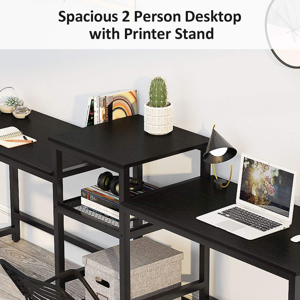 Tribesigns 96.9" Double Computer Desk with Printer Shelf, Extra Long Two Person Desk Workstation with Storage Shelves, Large Office Desk Study Writing Table for Home Office (Black)