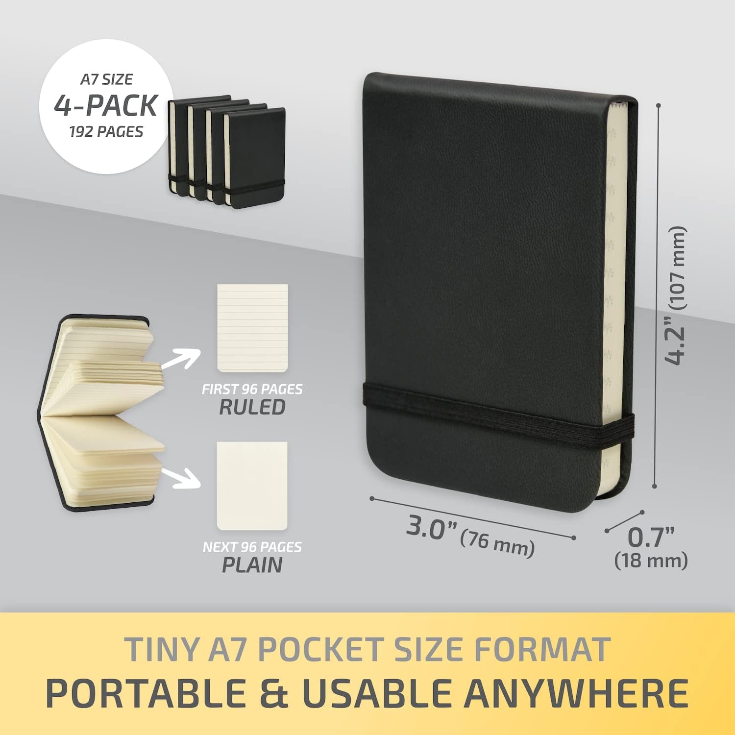 Tiny Notebook 3X4 Small Notepad Pocket Size, A7 Leather Hardcover Mini Notebook, Tear off Sheet Tiny Notepad with Elastic Band, 4 Pack Mini Pocket Notebook for Nurse Reporter (Black)