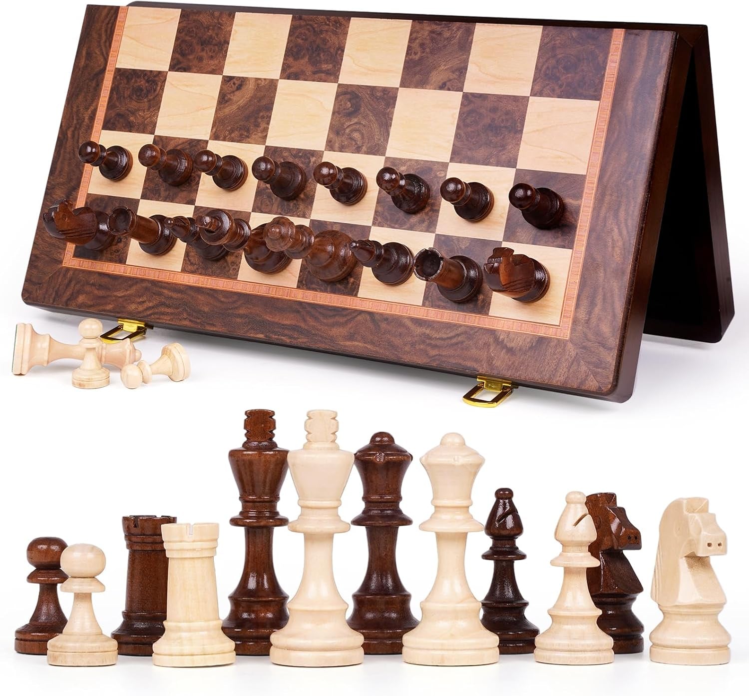 Magnetic Chess Set, 15 Inch Wooden Chess Set with Storage, Folding Travel Chess Set with Strong Magnetic Pieces, Tournament Chess Board, Portable Chess Set with 2 Extra Queens for Adults & Kids