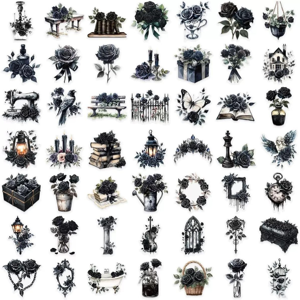 50 PCS Gothic Transparent Stickers - Dark Romance Roses Waterproof PET Stickers Aesthetic for Scrapbooking, Laptops, Water Bottles, Journals, DIY Crafts