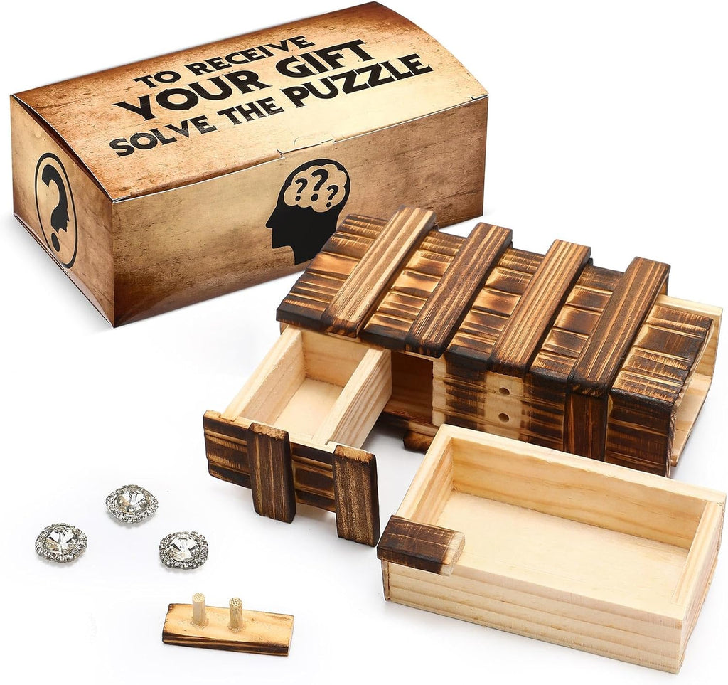 Secret Puzzle Box Cash Gift Wooden Puzzle Box for Adults Brain Teaser Wooden with Hidden Compartments for Christmas Cash Gift (Brown,15.5 X 8.4 X 5 Cm,Three Opening)