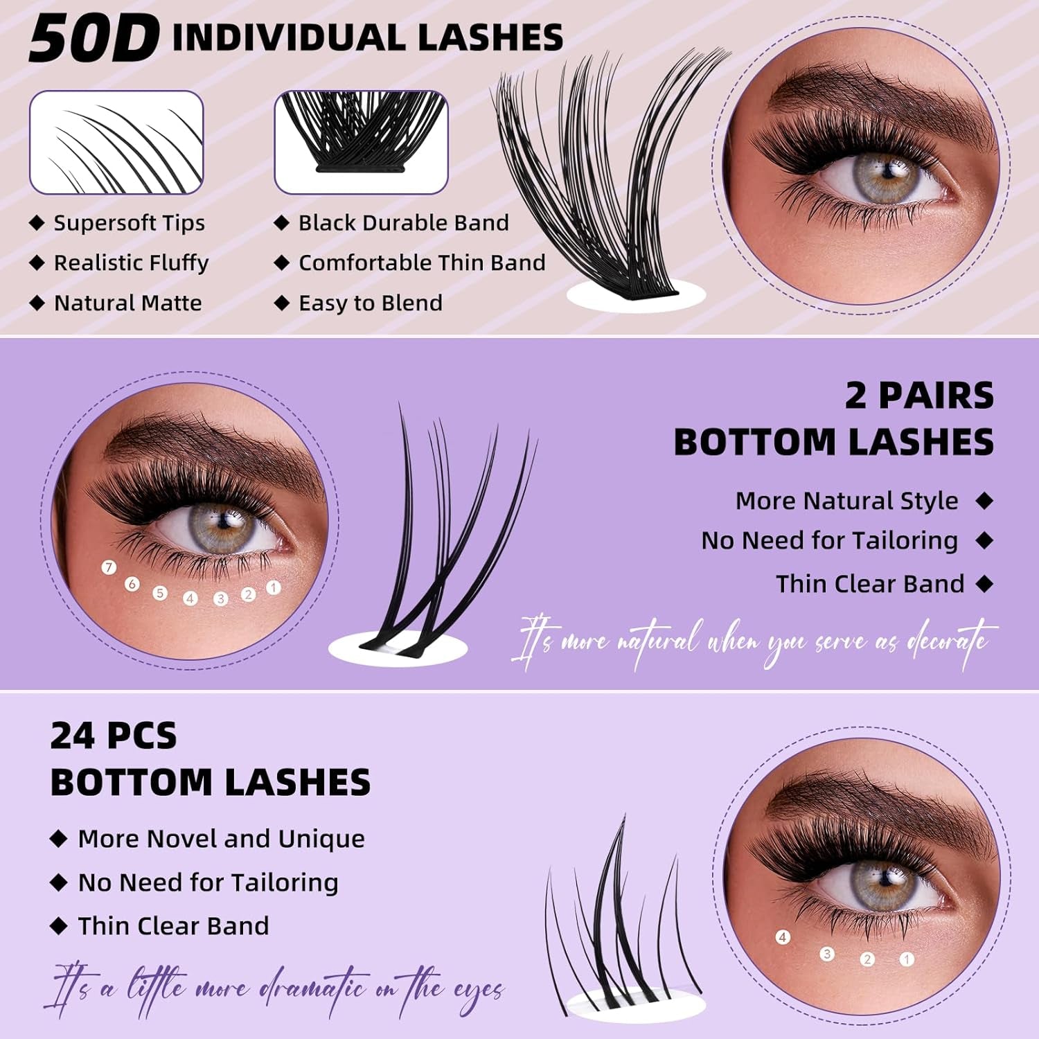 Eyelash Extension Kit with Bottom Lash Extension 10-18Mm 50D D Curl Lash Clusters Kit with Bottom Lashes DIY Lash Extension Kit Bond and Seal Lash Applicator (Kit-50D-D-Mix10-18)