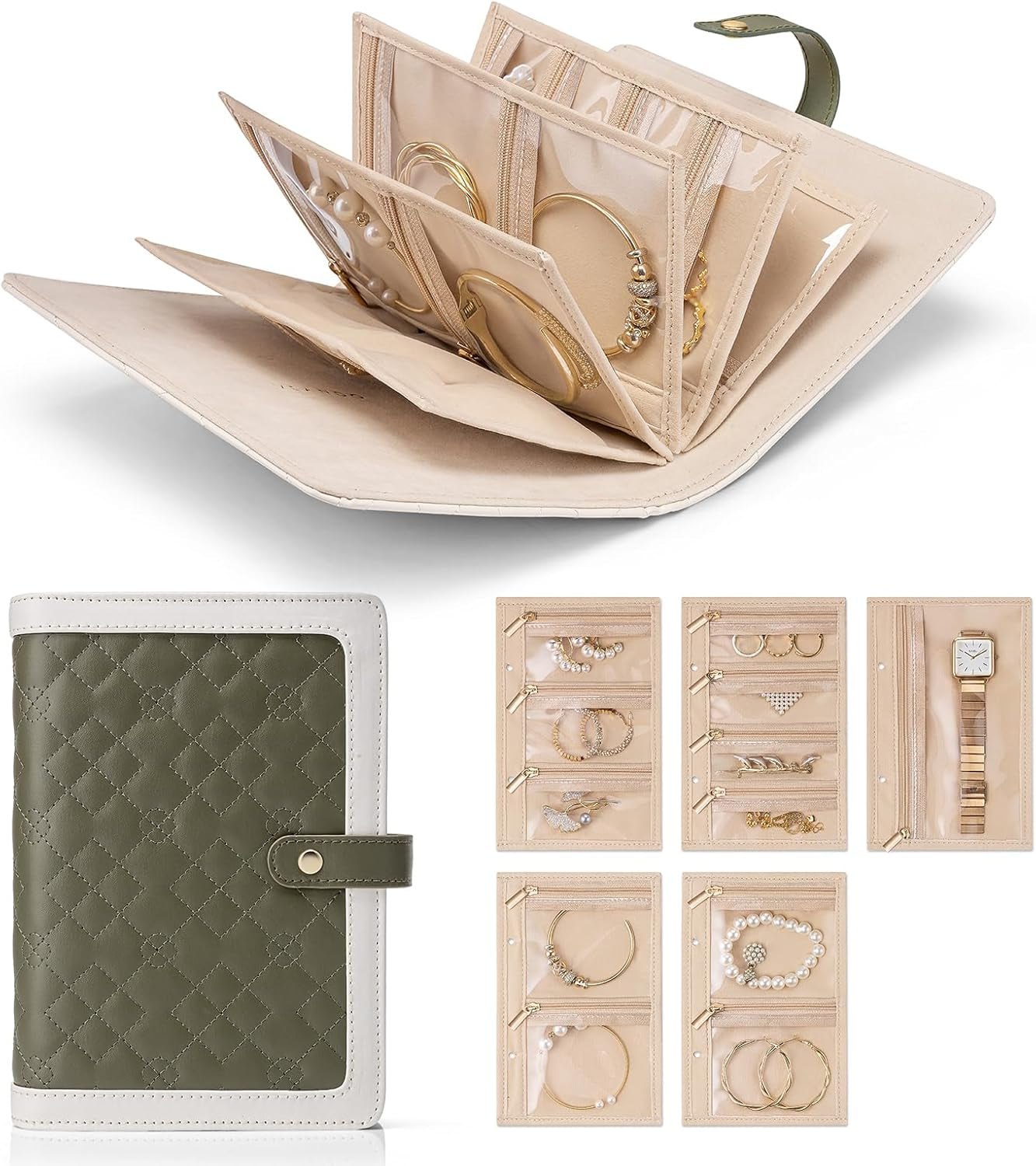 Travel Jewelry Organizer Case,Mom Gifts from Daughter,Jewelry Storage Book Ring Binder with Clear Zipper Velvet Jewelry Pouch Bag,Travel Essentials for Rings,Necklace,Earrings-Olive Green