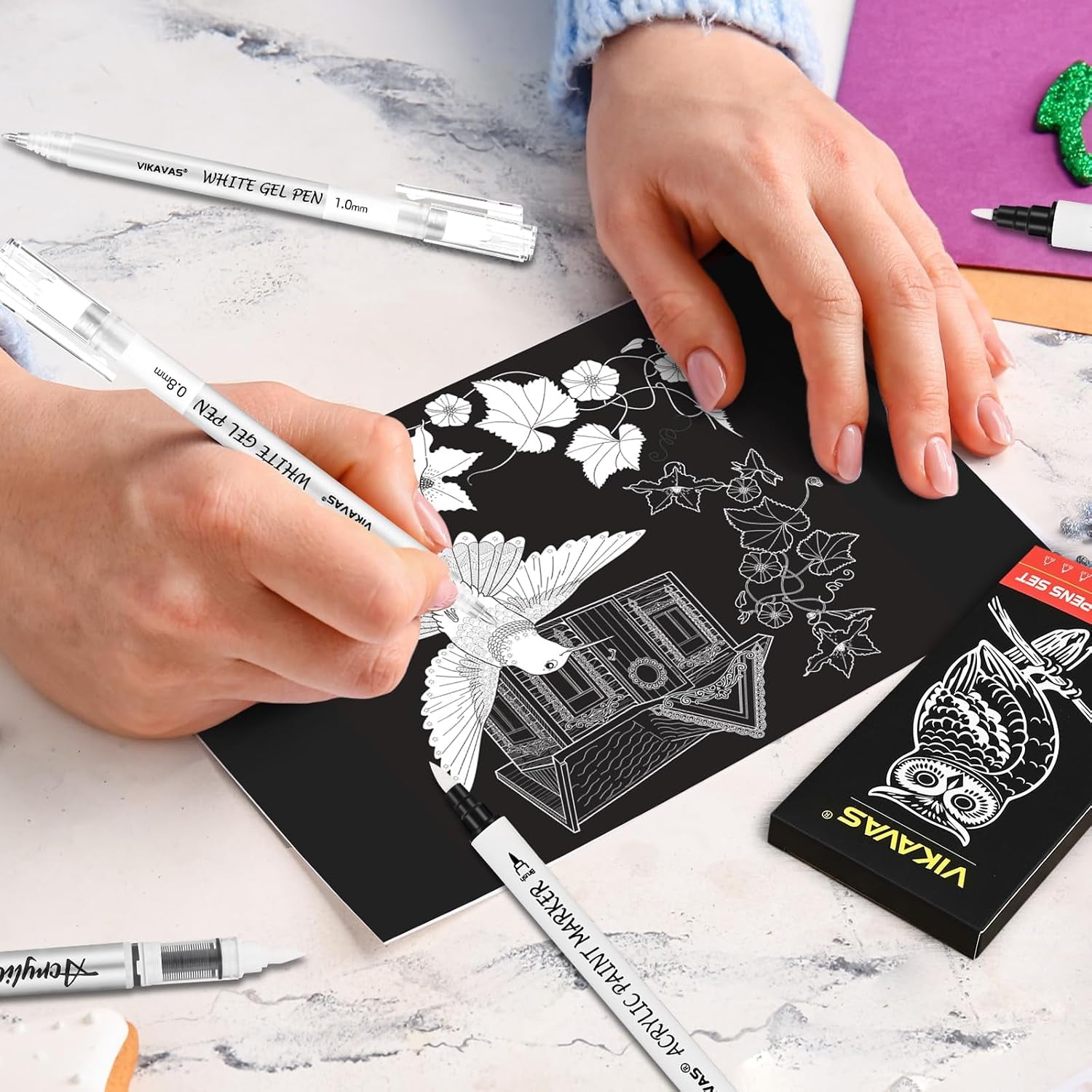 6PCS White Gel Pens for Dark Paper – 3 Fine Gel Pens (1.0Mm, 0.8Mm, 0.5Mm) + 2 Dual-Tip Acrylic Paint Pens + 1 Liquid Ink Brush Pen for Adult Artists Journaling, Illustration, Lettering