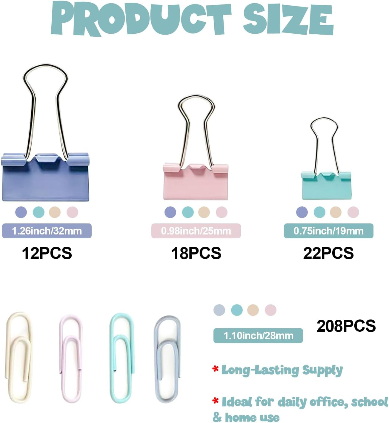 260 PCS Colored Paper Clips and Binder Clips Set, 28Mm Paperclips with Assorted Sizes Binder Clips Large Medium Small, Soft Pastel for Home Office School Supplies, Desk Organization in Container