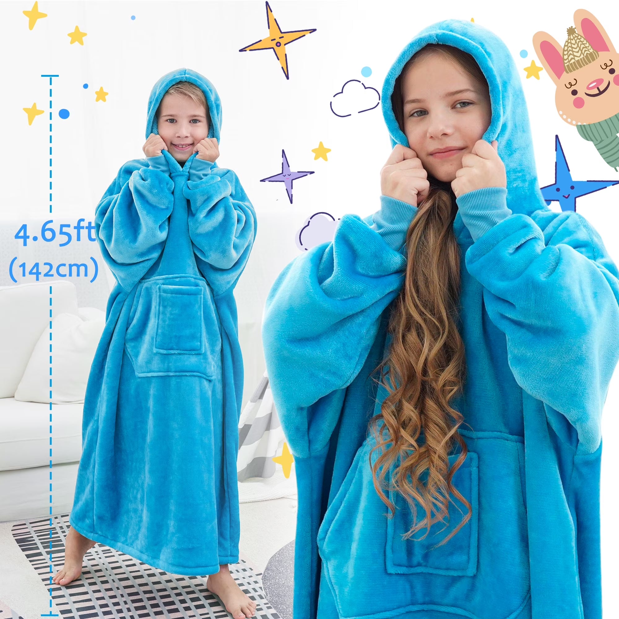 Oversized Wearable Blanket Hoodie Sweatshirt for Unisex Boy and Girl-Blue