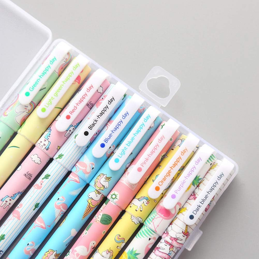Cute Unicorn Flamingo Gel Pens, 10 Pack Multi Color Fine Point Pens, 0.5Mm Smooth Writing Colored Gel Pen Set with Case for Journaling, Drawing