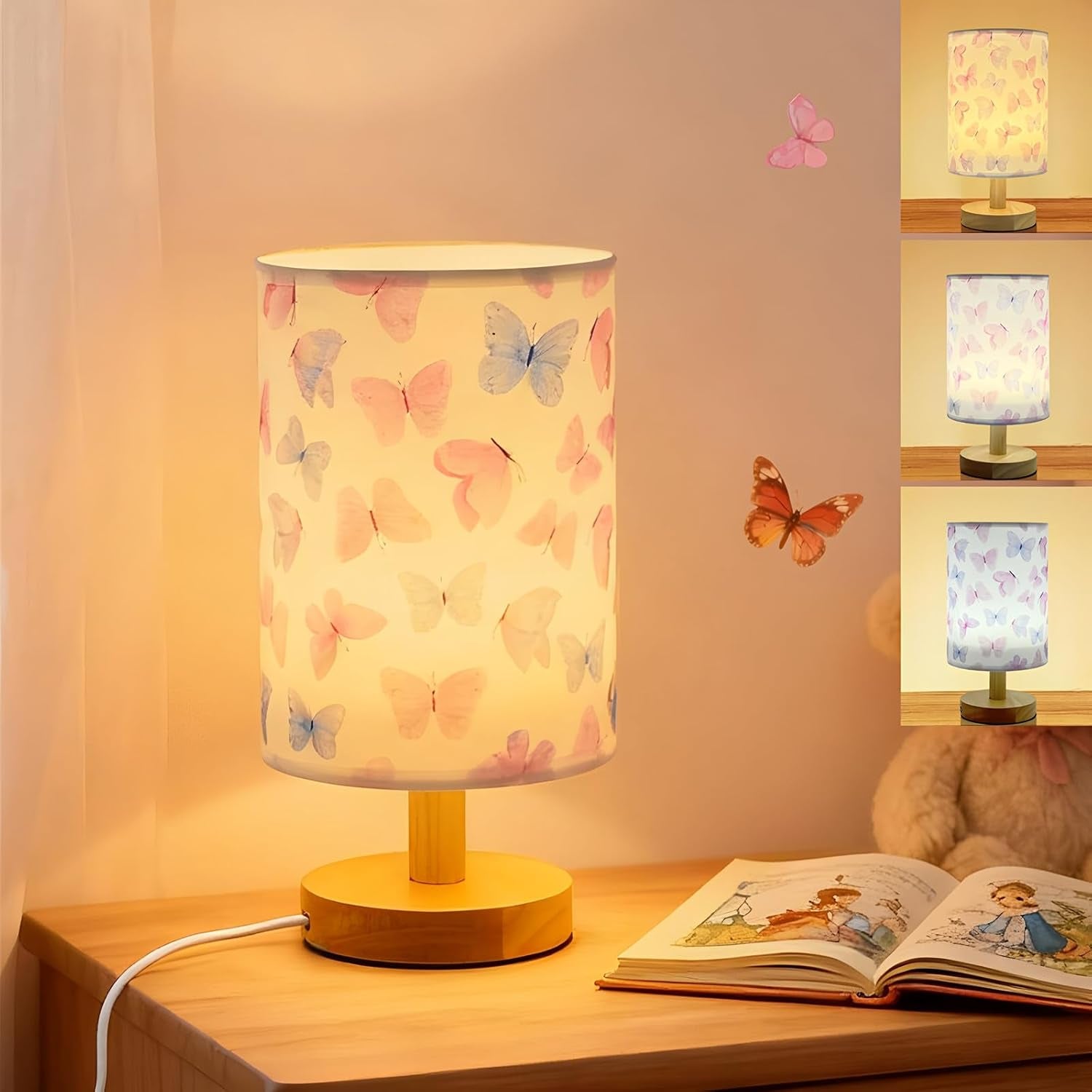 Butterfly Kids Table Lamp for Bedroom,Kids Bedside Lamps 3 Colors Dimmable Nightstand Night Light with Cartoon Flaxen Fabric Shade Desk Lamp for Girls Boys Room Nursery Decor,Butterfly Gifts for Girls