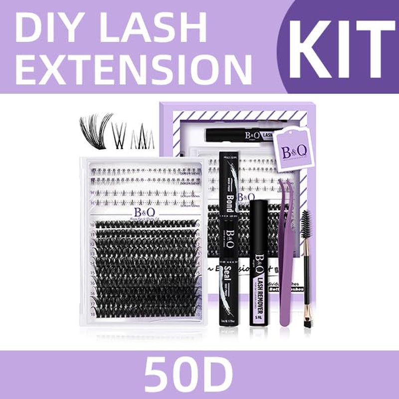 Eyelash Extension Kit with Bottom Lash Extension 10-18Mm 50D D Curl Lash Clusters Kit with Bottom Lashes DIY Lash Extension Kit Bond and Seal Lash Applicator (Kit-50D-D-Mix10-18)