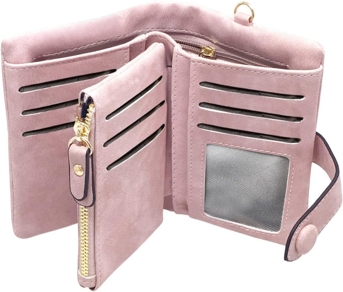 TOPKULL Bifold Small Rfid Soft Leather Ladies Trifold Wallets Billfolds Mini Wristlet Clutch Cute Zipper Coin Purse with Wrist Strap (Pink)