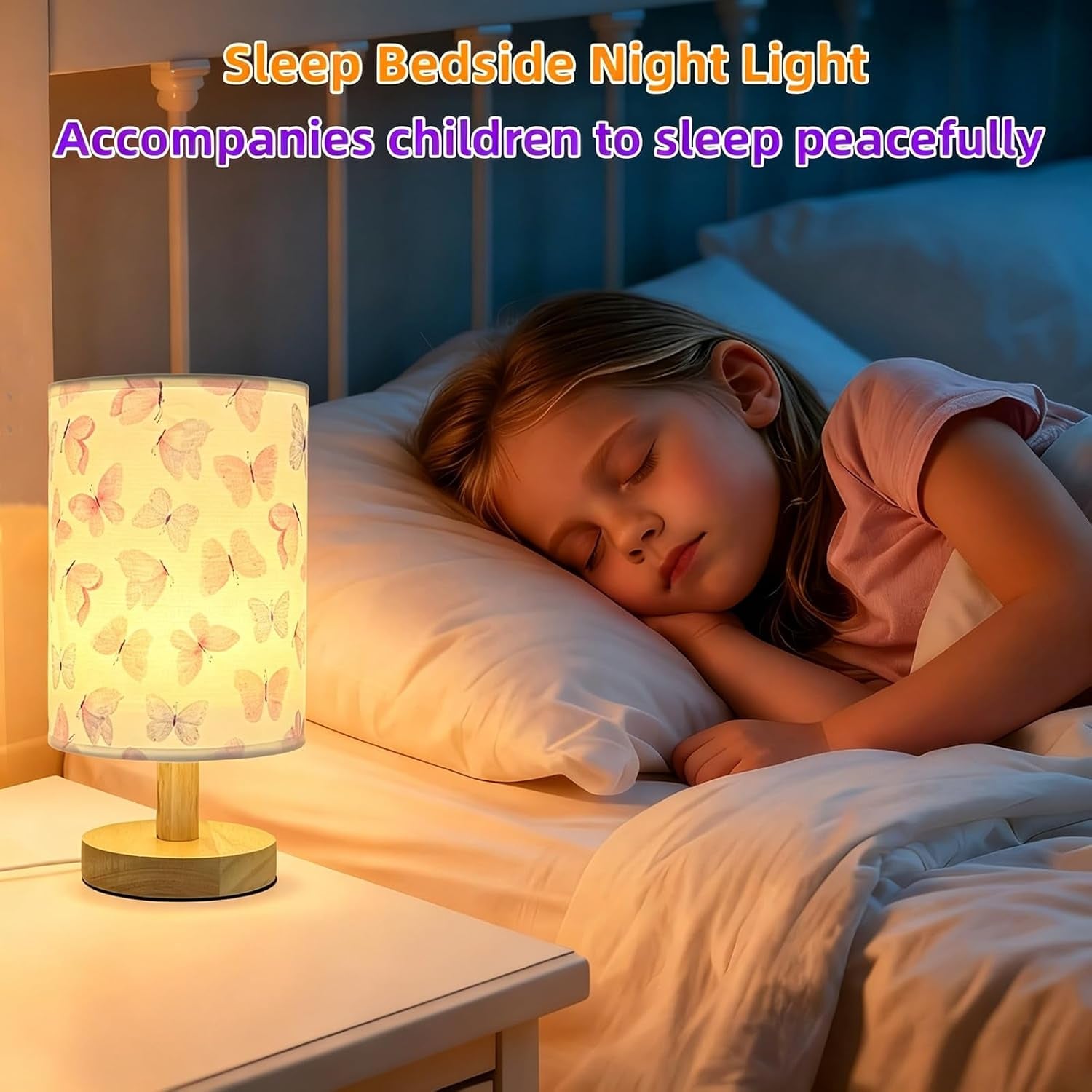 Butterfly Kids Table Lamp for Bedroom,Kids Bedside Lamps 3 Colors Dimmable Nightstand Night Light with Cartoon Flaxen Fabric Shade Desk Lamp for Girls Boys Room Nursery Decor,Butterfly Gifts for Girls