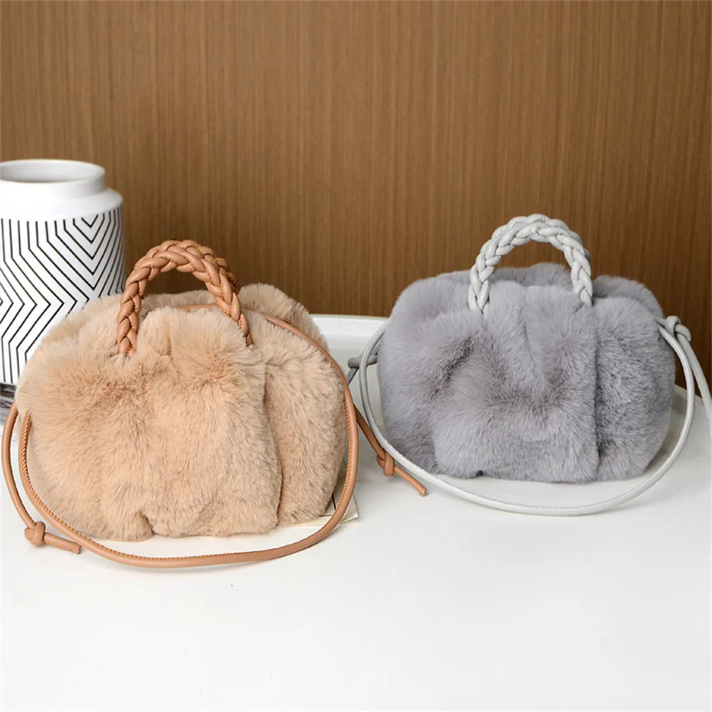 Women'S Crossbody Pumpkin Plush Bag Cute Tote Bags Autumn Winter Fashion Solid Color Handbag Travel Shoulder Bags