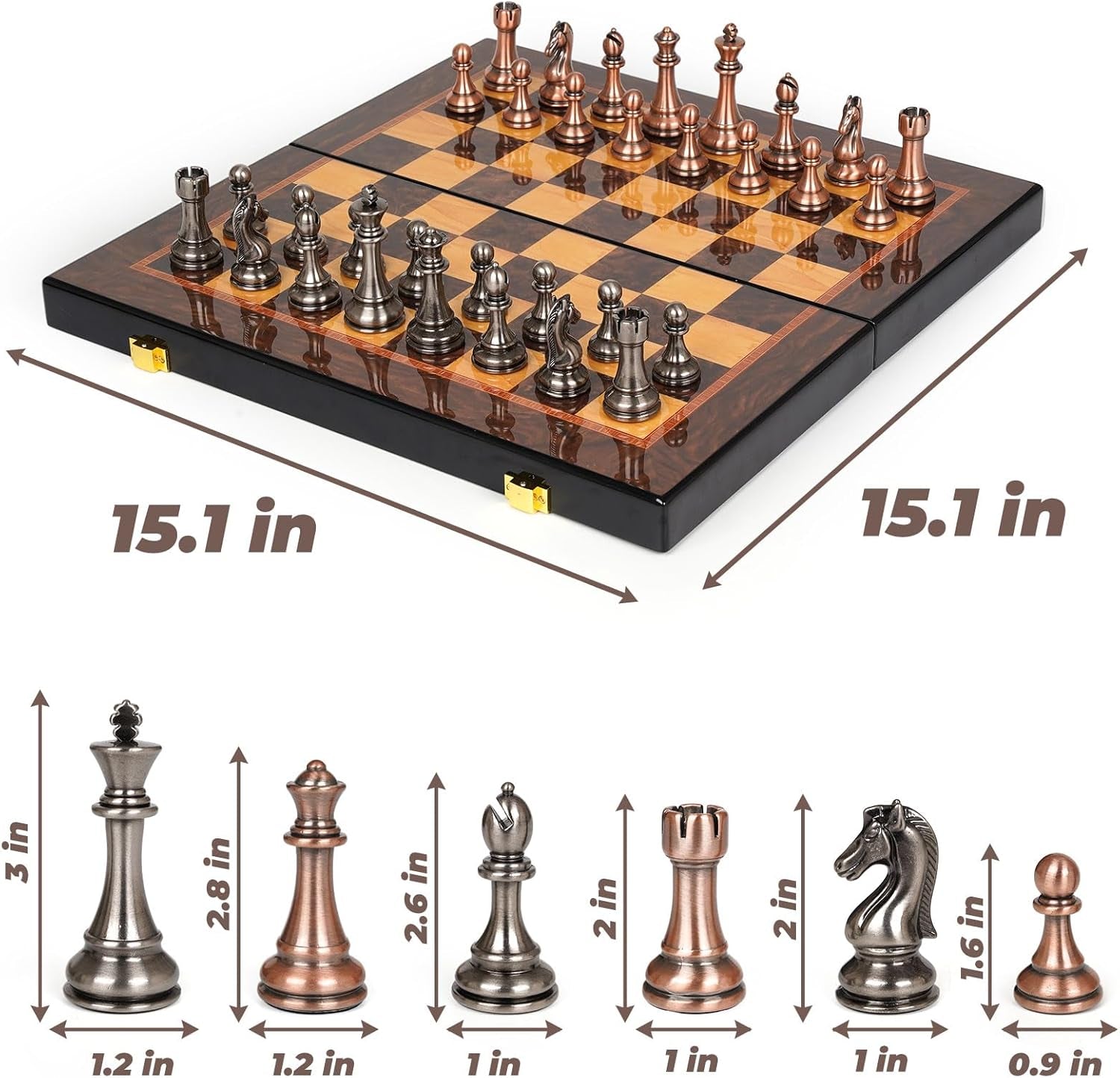 Luxury Metal Chess Set with 15 Inch Wooden Chess Board | Weighted Metal Chess Pieces | 2 Extra Queens | Professional & Tournament Style Chess Set for Adults | Elegant Game Room & Office Decor