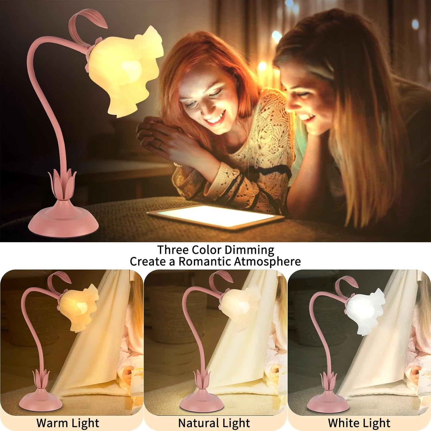 Cute Flower Desk Lamp, 3 Color Temperature Table Lamps with LED Bulb, Vintage Be