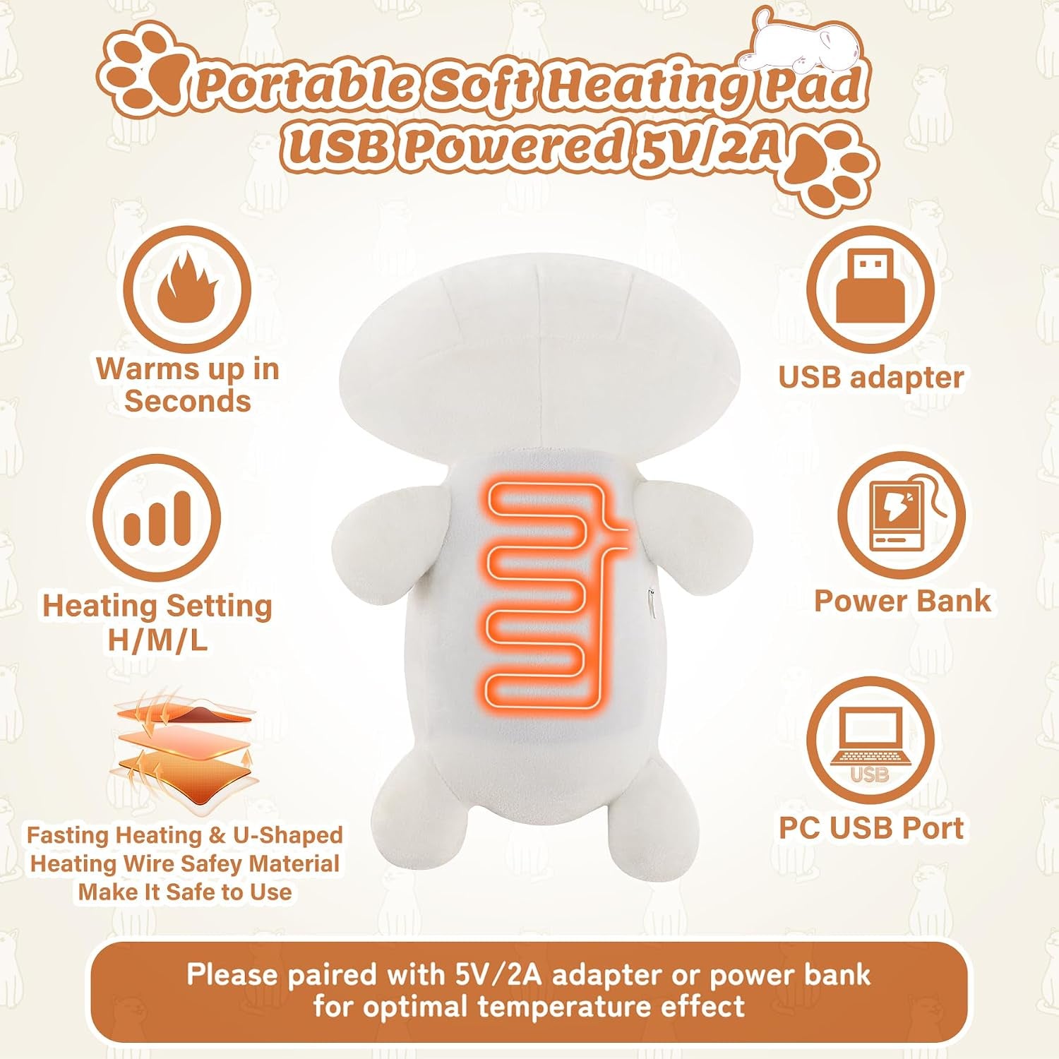 Electric Heating Pad for Period Cramps, Cuddly Soft 14" White Cat Plush with a Hot Soft Belly USB Powered, Heating Pad Neck Shoulder Pain Relief, Gift for Women Daughter Wife
