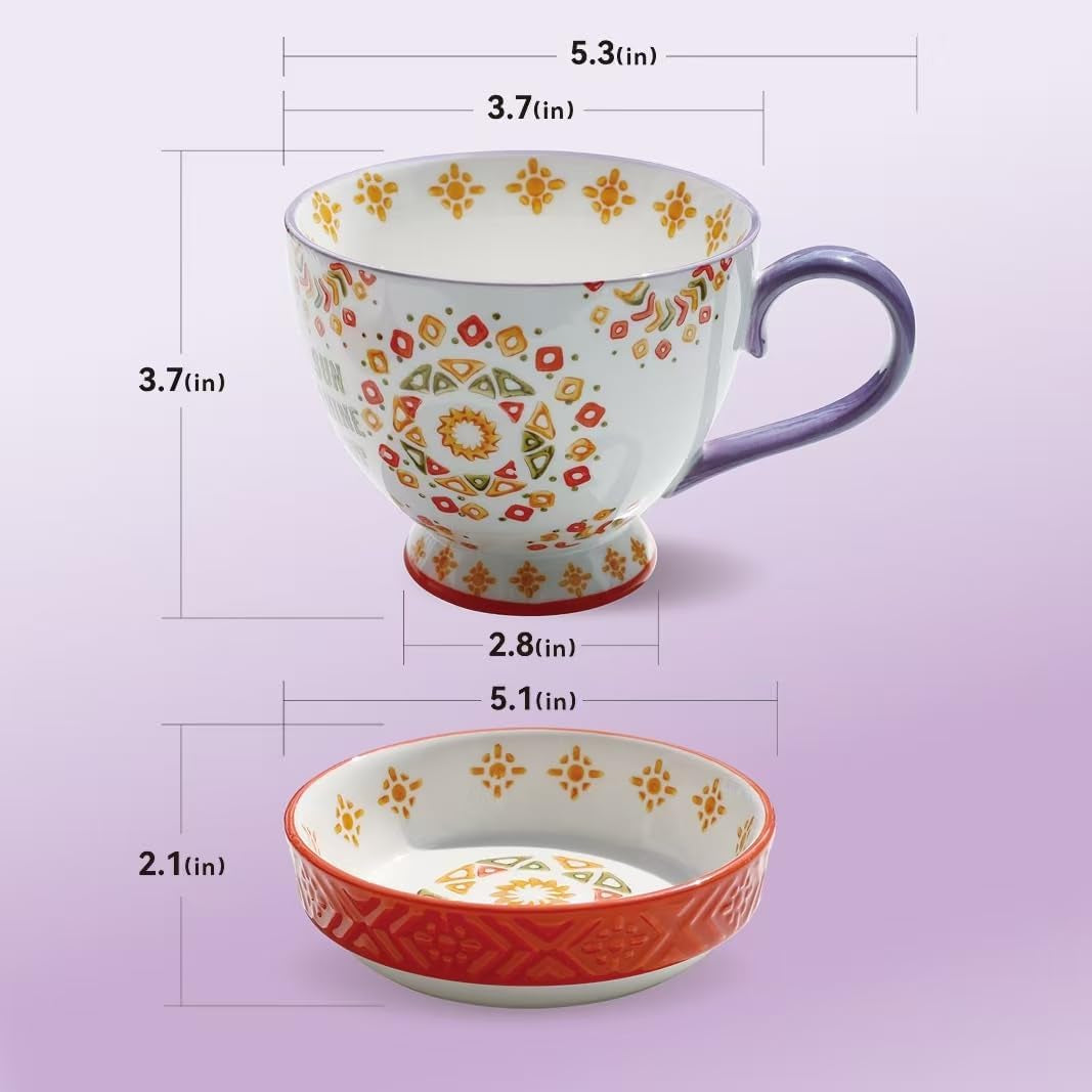 Large Ceramic Coffee Mugs Set of 2,15 Oz Stoneware Coffee Cups with 2 Saucers,Underglaze Hand-Painted Cup for Coffee/Cereal/Beer,Festivals and Housewarming Gifts for Family and Friends
