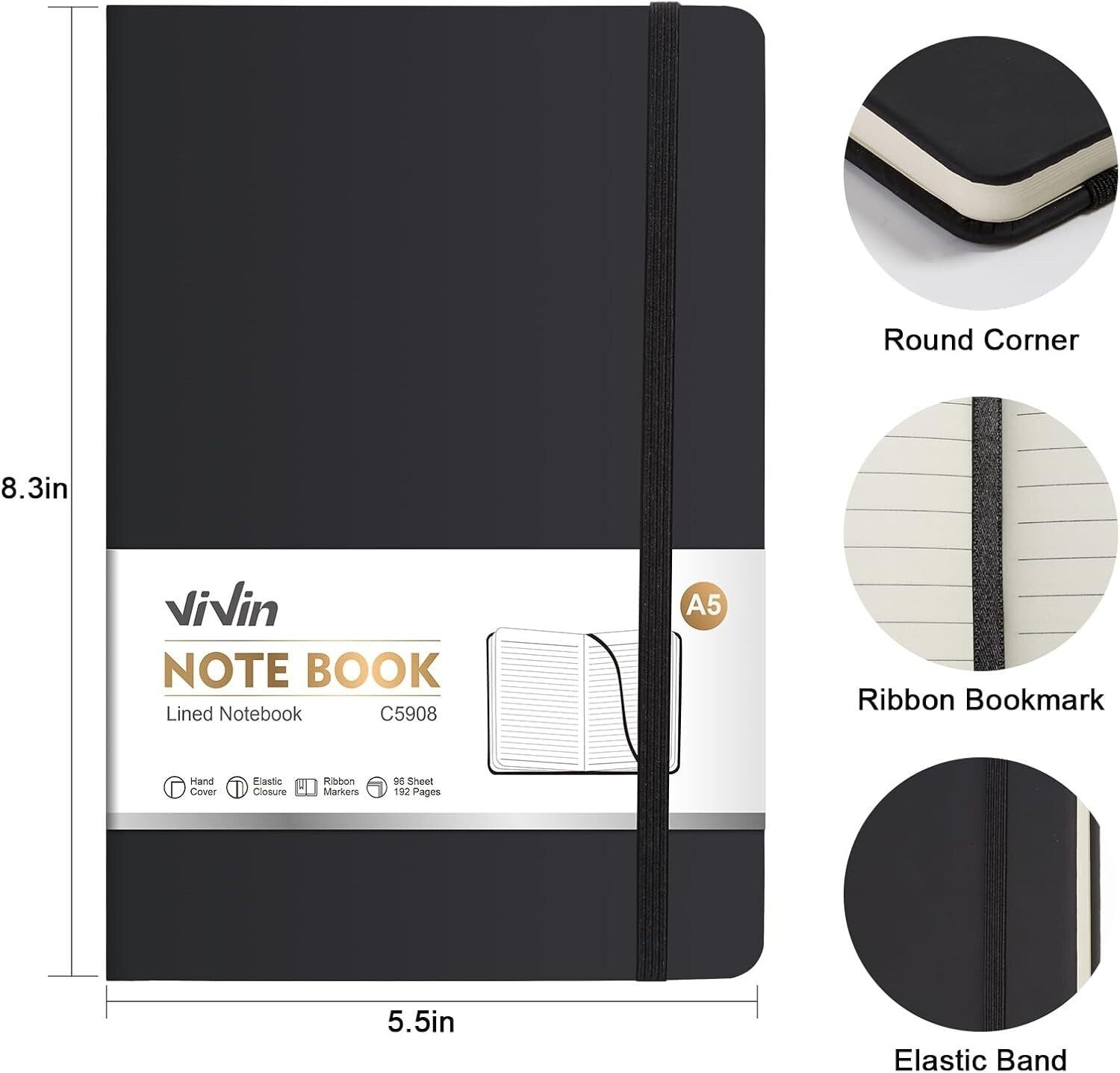 Lined Black Journal Notebook for Writing, 192 Pages, A5 Hardcover Notebooks For