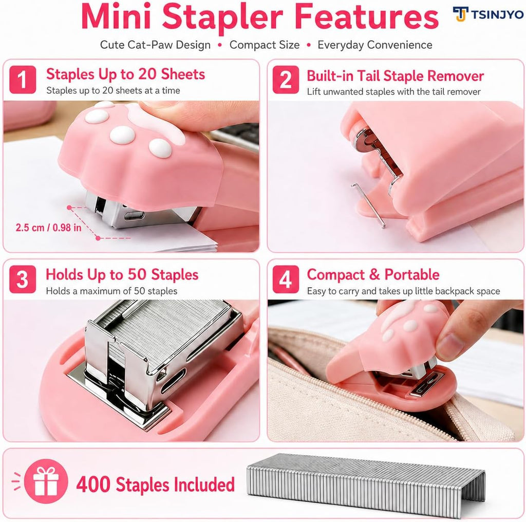 13Pcs College School Supplies Set Includes Desktop Stapler and Staples, Eraser, Ruler, Sticky Notes, Sharpener, Highlighter, Office Accessories Pink Stationery Kit for Birthday Gift Women