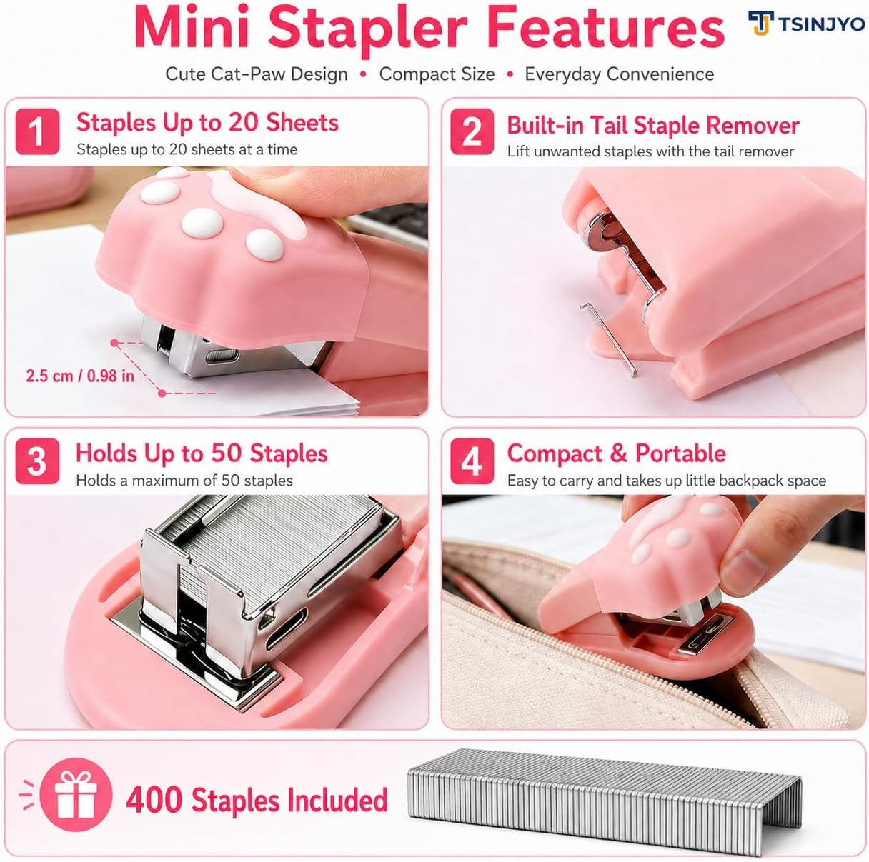 13Pcs College School Supplies Set Includes Desktop Stapler and Staples, Eraser, Ruler, Sticky Notes, Sharpener, Highlighter, Office Accessories Pink Stationery Kit for Birthday Gift Women