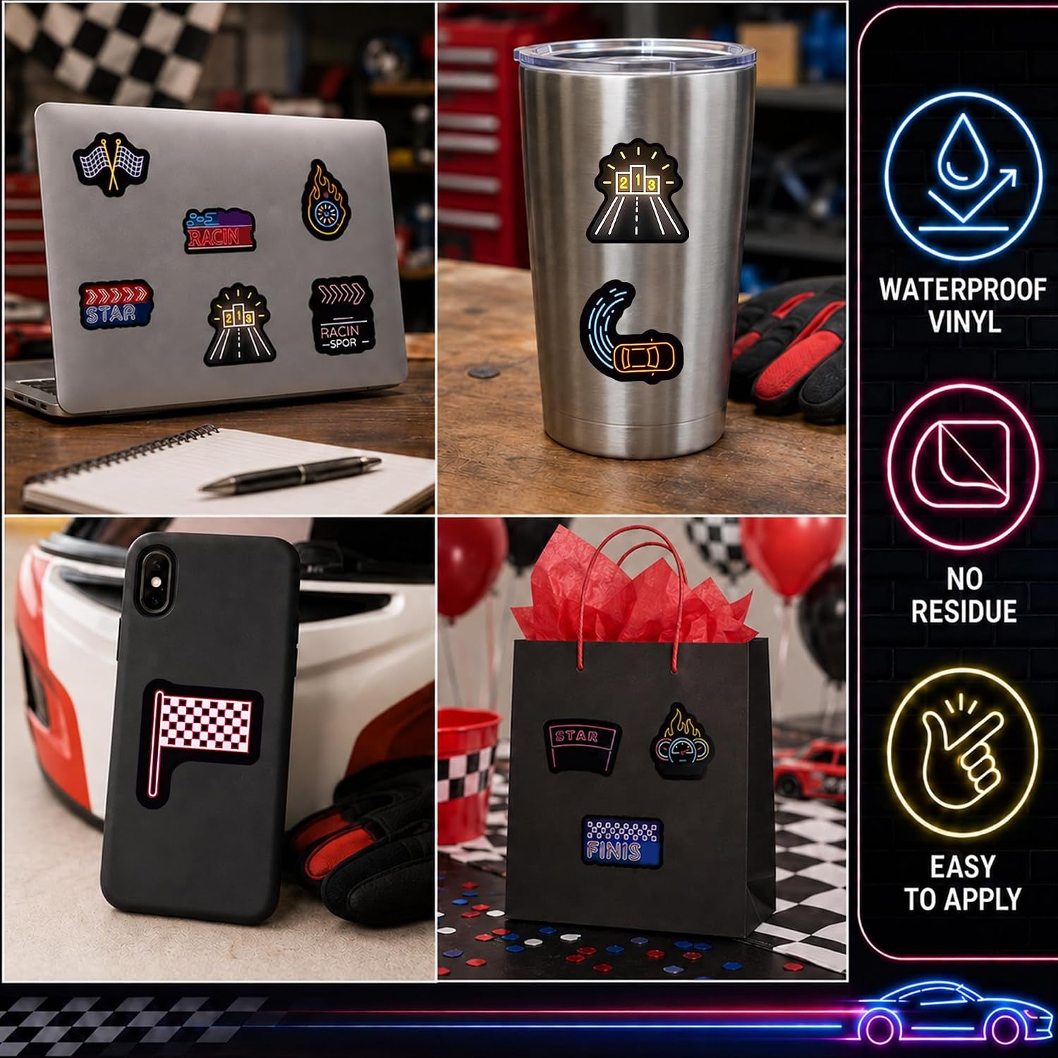 Neon Car Stickers for Racing Fans Boys Water Bottles 50 PCS Waterproof Vinyl Car Stickers Gifts
