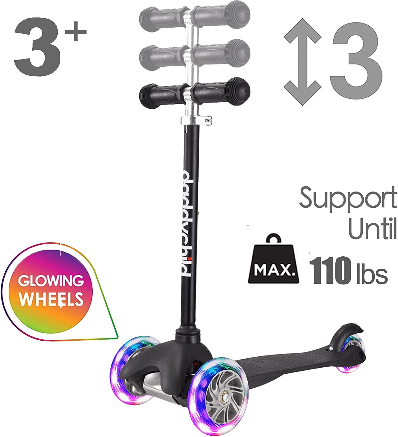 3-Wheel Kick Scooter for Kids Ages 3-8 Lean-To-Steer Toddler Scooter with Extra Wide Light up Wheels, 4 Adjustable Heights, Foldable Scooters for Boys & Girls, Max Weight 110Lbs