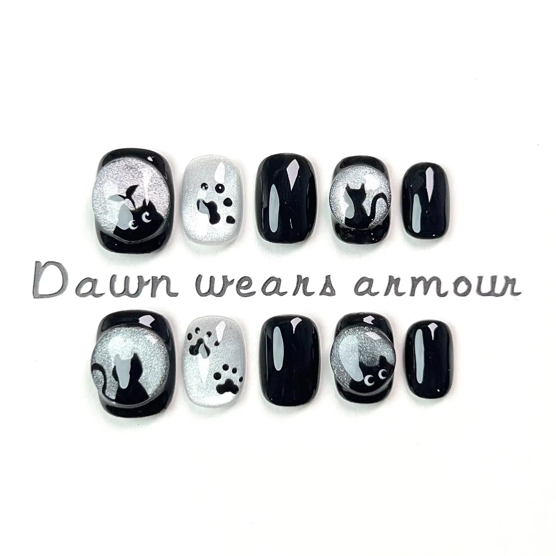 10Pcs Black Handmade Press on Nails Short round Head Cat Eye Design Full Cover Fake Nails Artificial Wearable Manicure Nail Tips