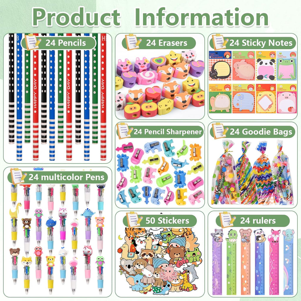 24 Pack Cute Cartoon Animal Stationery Set,Birthday Gifts for Boys Girls School Goodie Bags School Classroom Games Rewards.