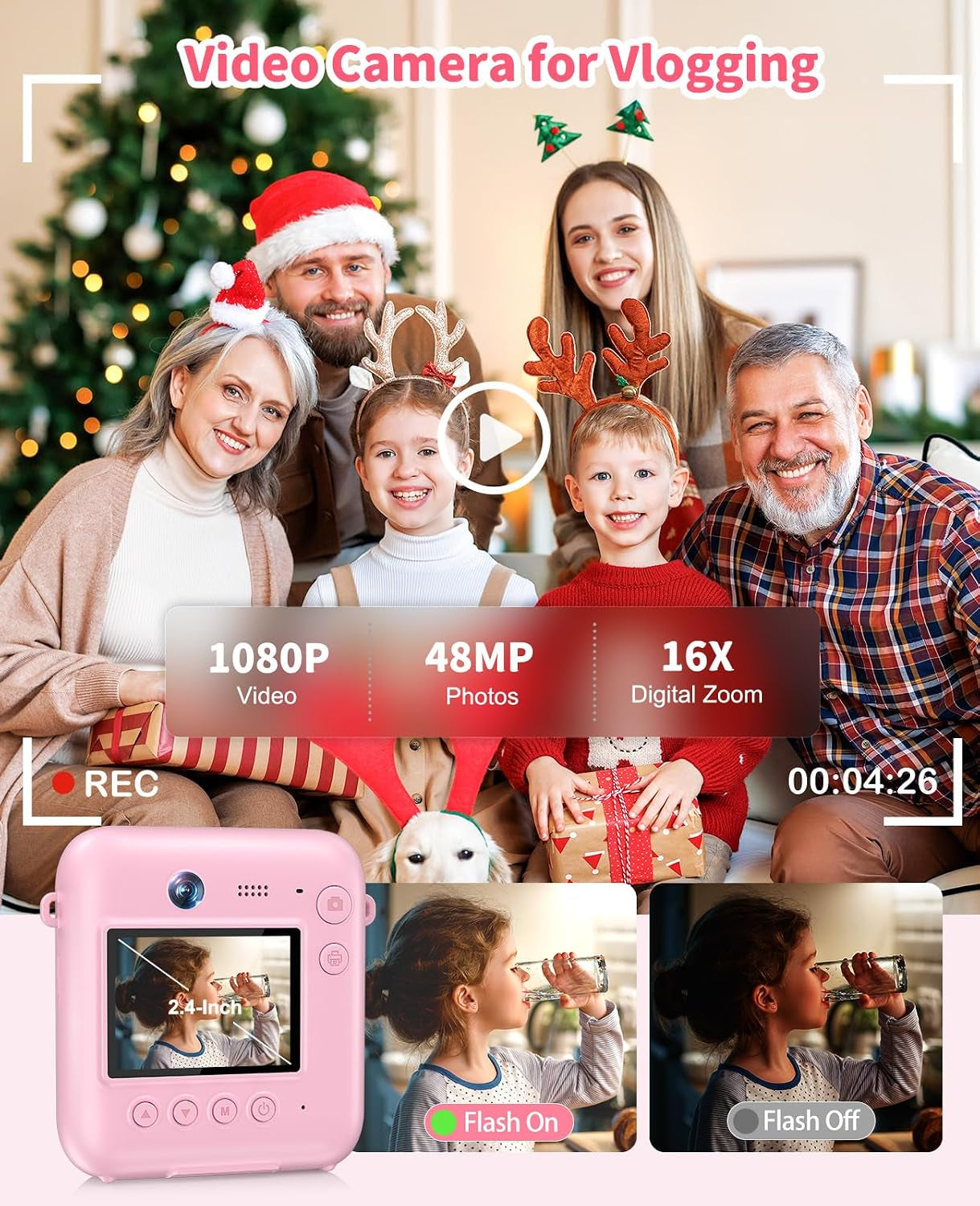 Kids Camera Instant Print, 48MP Dual-Lens Digital Camera for Girls Boys Christmas Birthday Gifts, 1080P Selfie Instant Cameras for Kids Video, Portable Toddler for 4-12 Years Old with 32GB Card-Pink
