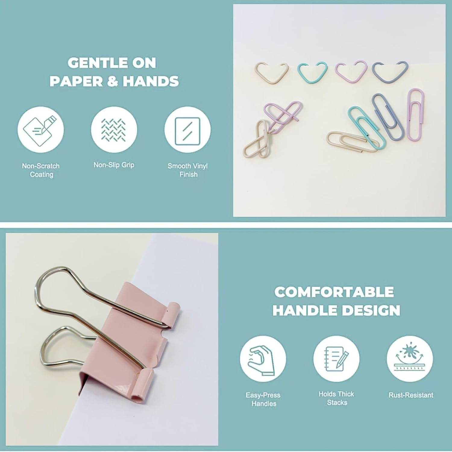 260 PCS Colored Paper Clips and Binder Clips Set, 28Mm Paperclips with Assorted Sizes Binder Clips Large Medium Small, Soft Pastel for Home Office School Supplies, Desk Organization in Container