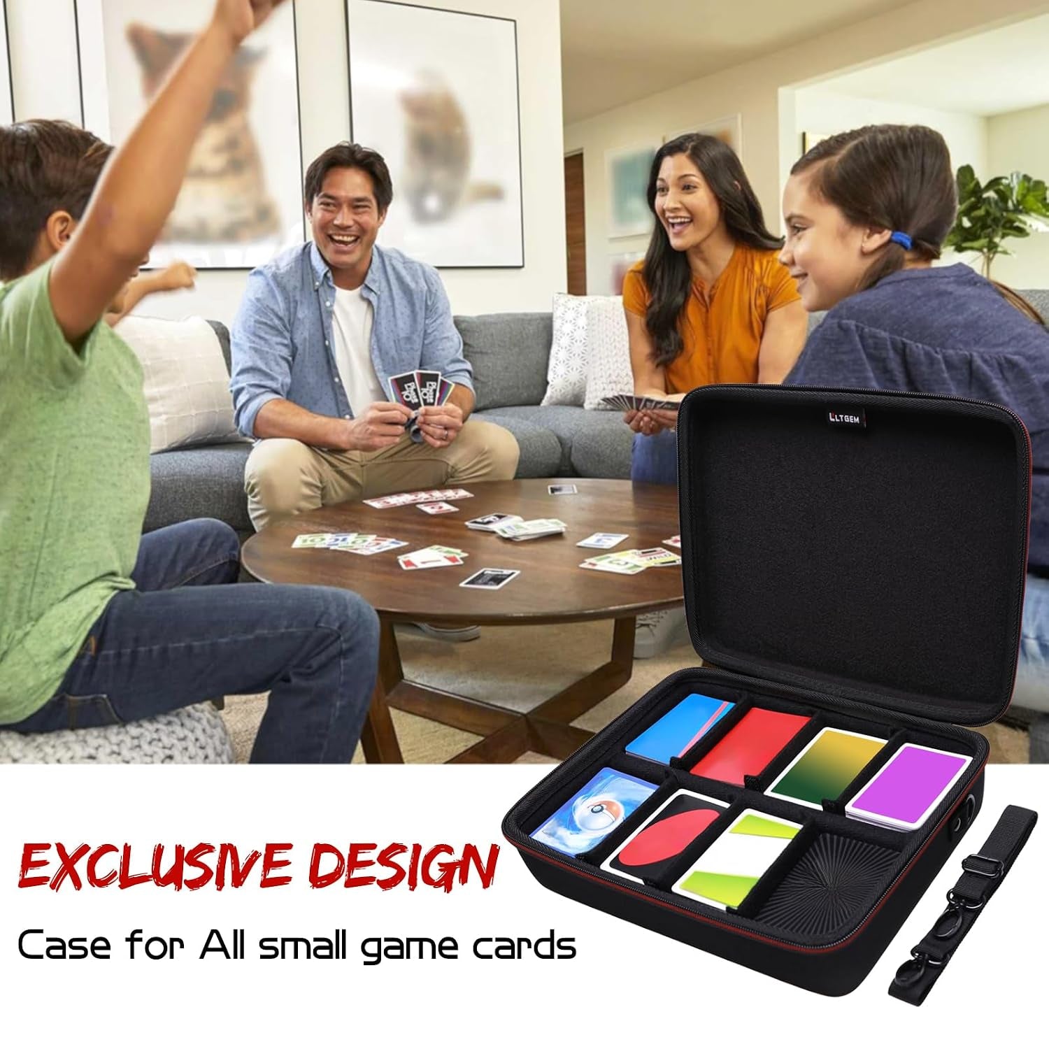 LTGEM Card Game Case Compatible with Cards against Humanity/Magic the Gathering/Uno/Pokemen/Baseball/Football Cards 2500+, Trading Card Storage Box with 6 Dividers and Shoulder Strap, Purple