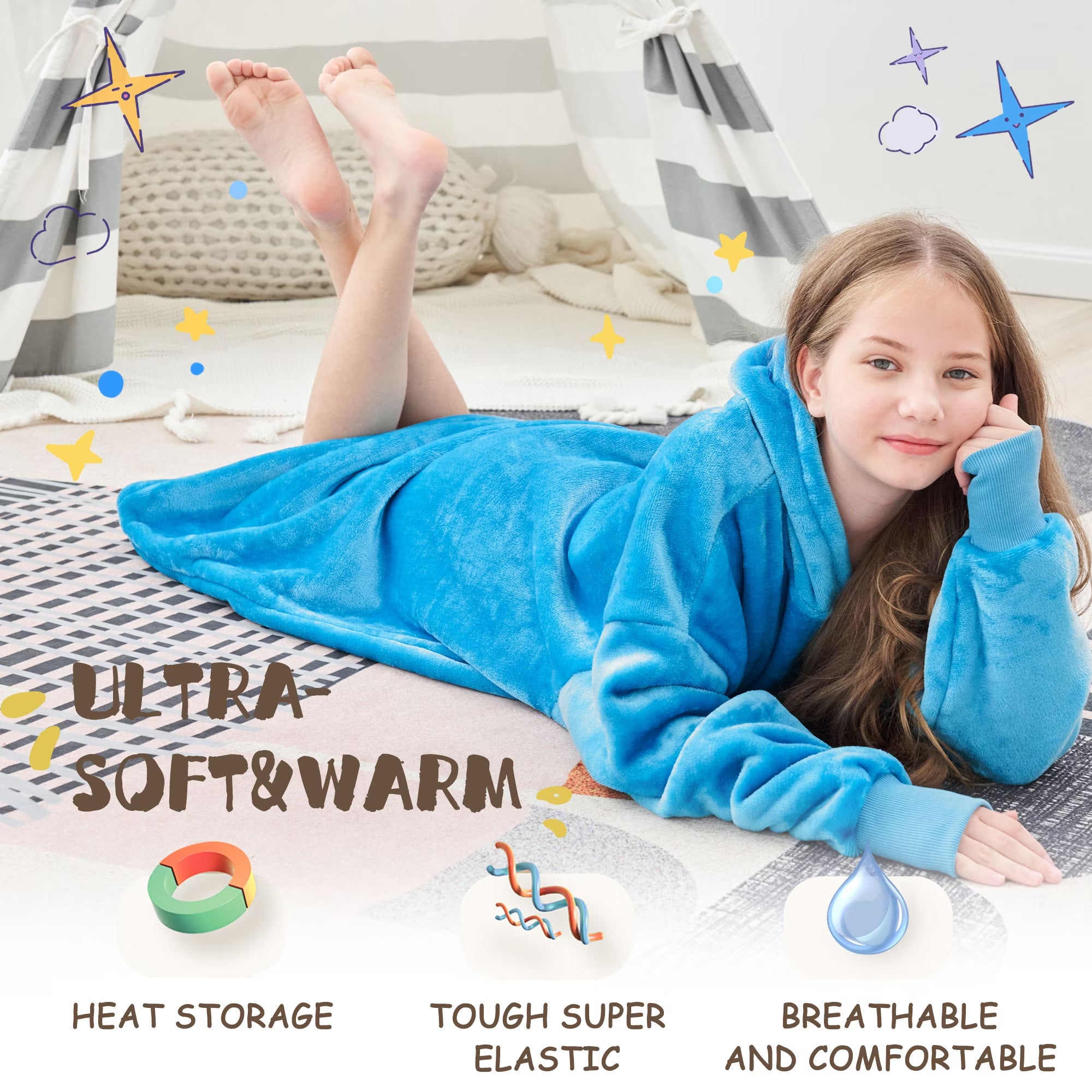 Oversized Wearable Blanket Hoodie Sweatshirt for Unisex Boy and Girl-Blue