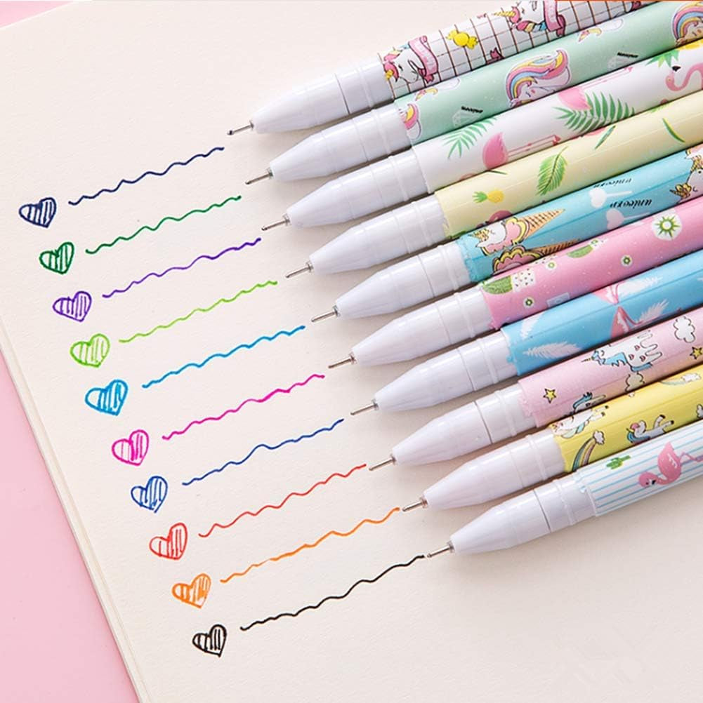 Cute Unicorn Flamingo Gel Pens, 10 Pack Multi Color Fine Point Pens, 0.5Mm Smooth Writing Colored Gel Pen Set with Case for Journaling, Drawing