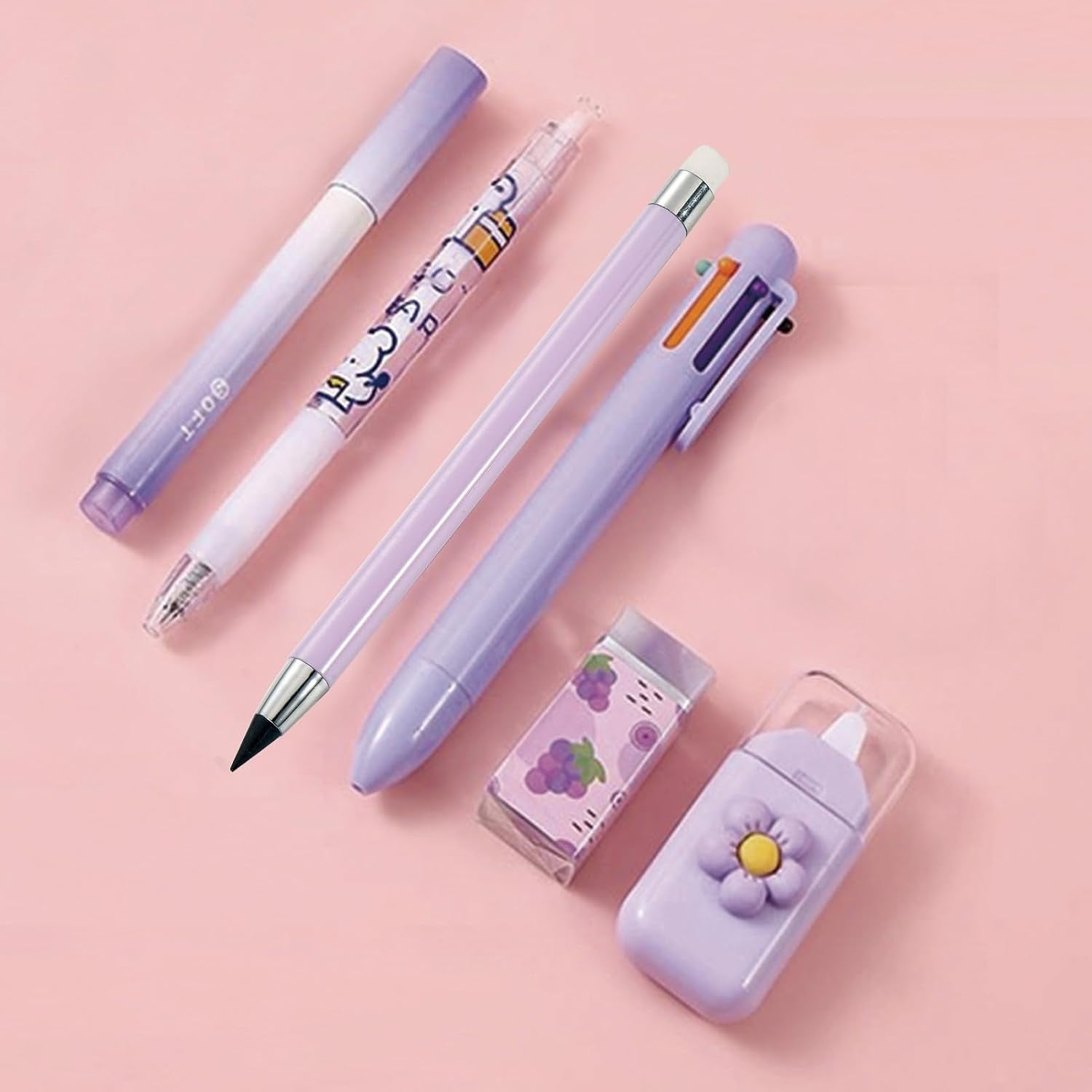 6 Pcs Cute Purple Stationery Set for Women Back to School Supplies Office Supplies Including Gel Ink Pens 6-In-1 Ballpoint Pens Pencil Eraser (Purple)