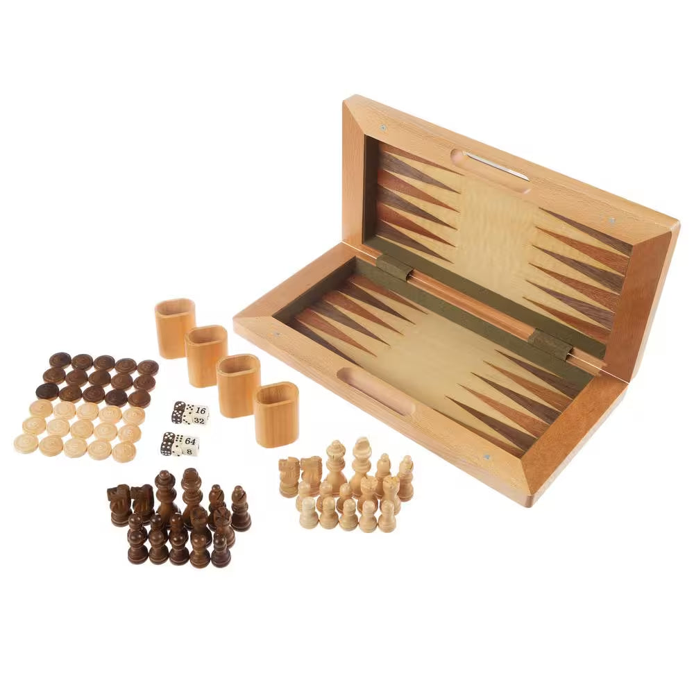 3-In-1 Deluxe Wooden Chess, Backgammon and Chess Set