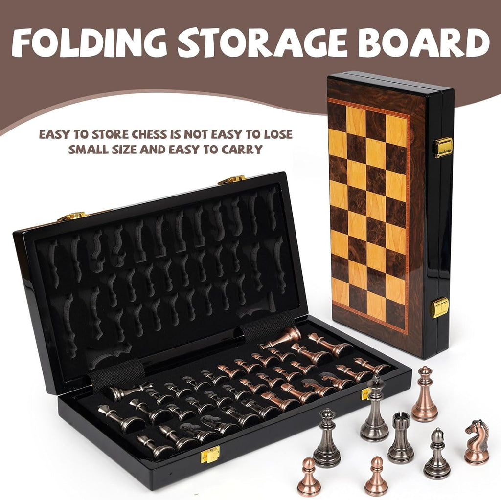 Luxury Metal Chess Set with 15 Inch Wooden Chess Board | Weighted Metal Chess Pieces | 2 Extra Queens | Professional & Tournament Style Chess Set for Adults | Elegant Game Room & Office Decor