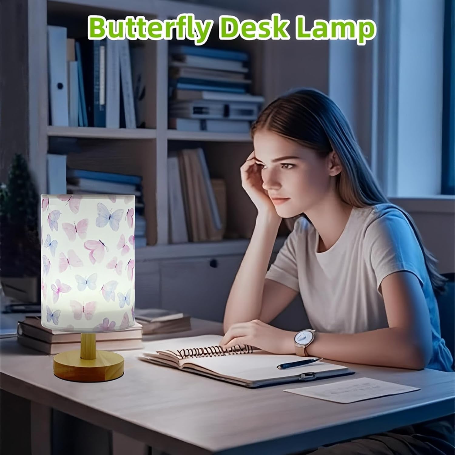 Butterfly Kids Table Lamp for Bedroom,Kids Bedside Lamps 3 Colors Dimmable Nightstand Night Light with Cartoon Flaxen Fabric Shade Desk Lamp for Girls Boys Room Nursery Decor,Butterfly Gifts for Girls