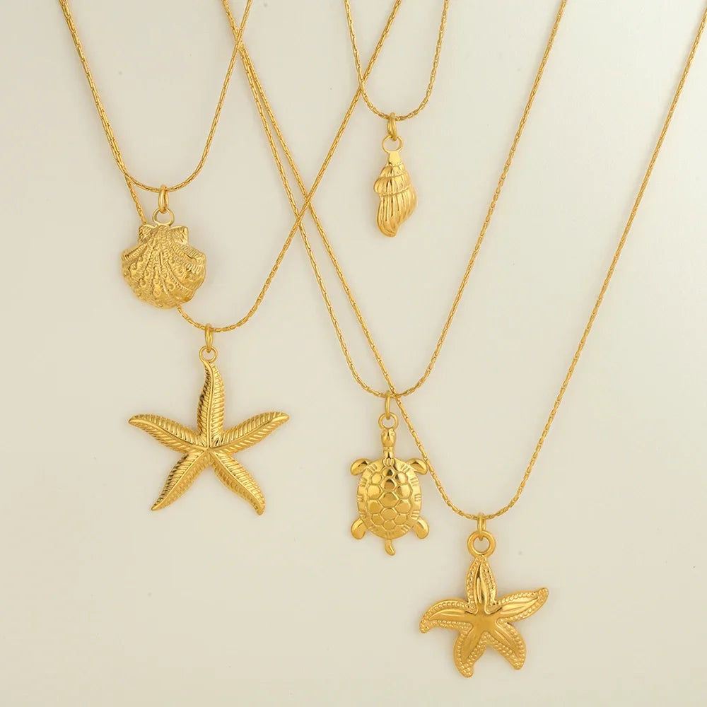 Ocean Series Golden Choker Stainless Steel Pendant Necklace for Women Shell Starfish Pendants Women'S Chunky Jewelry Accessories