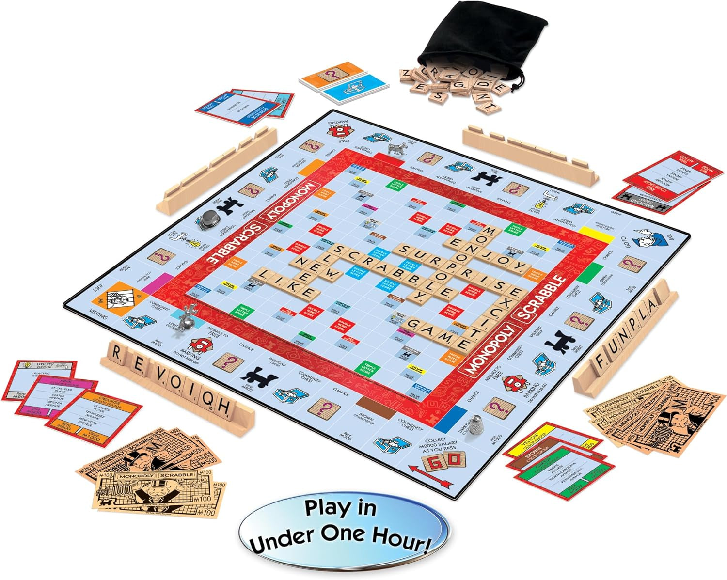 Monopoly Scrabble, Game Mash Up, by  Games USA | Play in under One Hour, Score Your Scrabble Word - Move Your Token, 2 to 4 Players, Ages 8+
