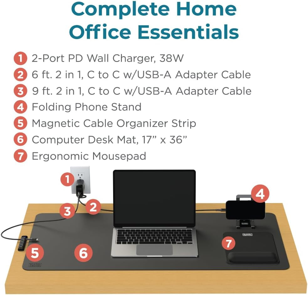 BLACK+DECKER Home Office Kit, 7 PCS Set, Desk Pad, 2-Port PD Charger, Ergonomic Mouse Pad, Phone Stand, Combo Cables, Cable Organizer, Workspace Accessories Perfect for Work-From-Home (Black)