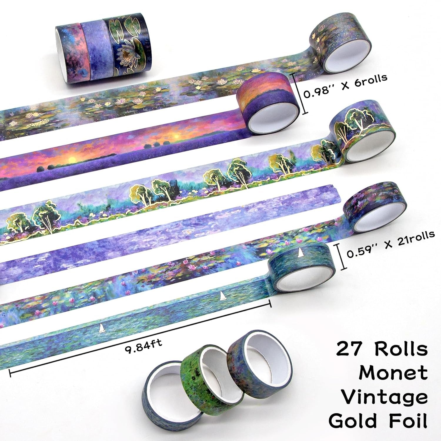 27 Rolls Washi Tape Set - Monet Gold Foil Vintage Decorative Masking Tape,Adhesive Craft Tapes for Scrapbooking Supplies,Journaling Supplies,Diy Crafts,Junk Journal Supplies, School Supplies