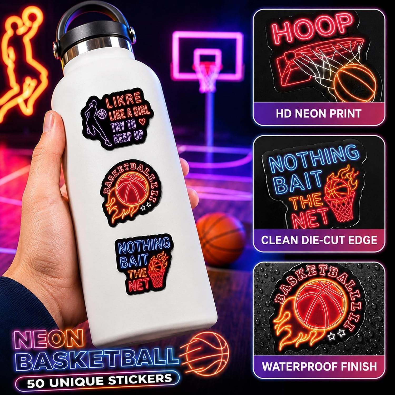 Neon Basketball Stickers for Basketball Fans Boys Water Bottles 50 PCS Waterproof Vinyl Sports Stickers Team Gifts